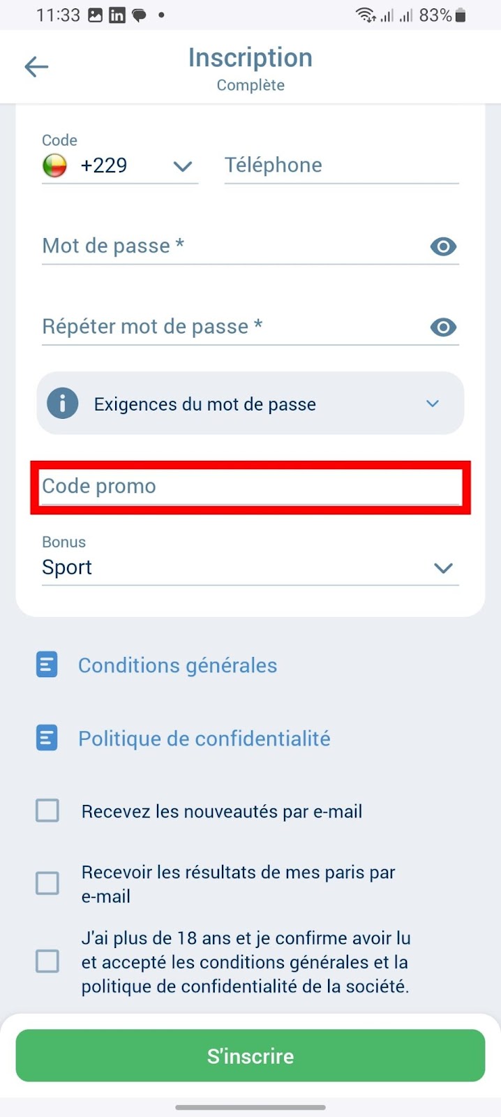 Ajouter un code promo lors de l'inscription à 1xbet Russie