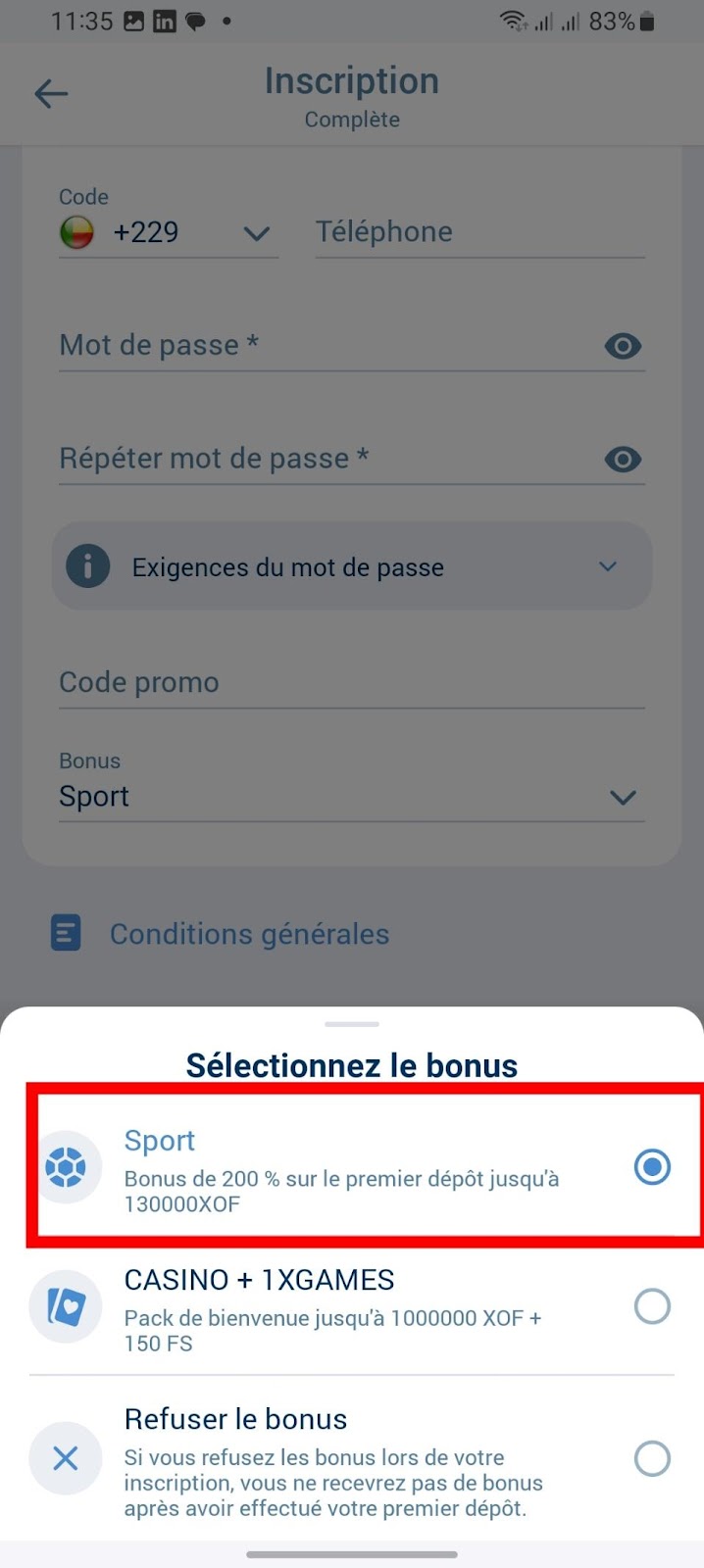 Utiliser le bonus Sport lors de la création de compte 1xbet