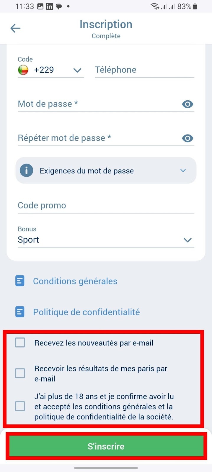 Confirmation de l'inscription 1xbet