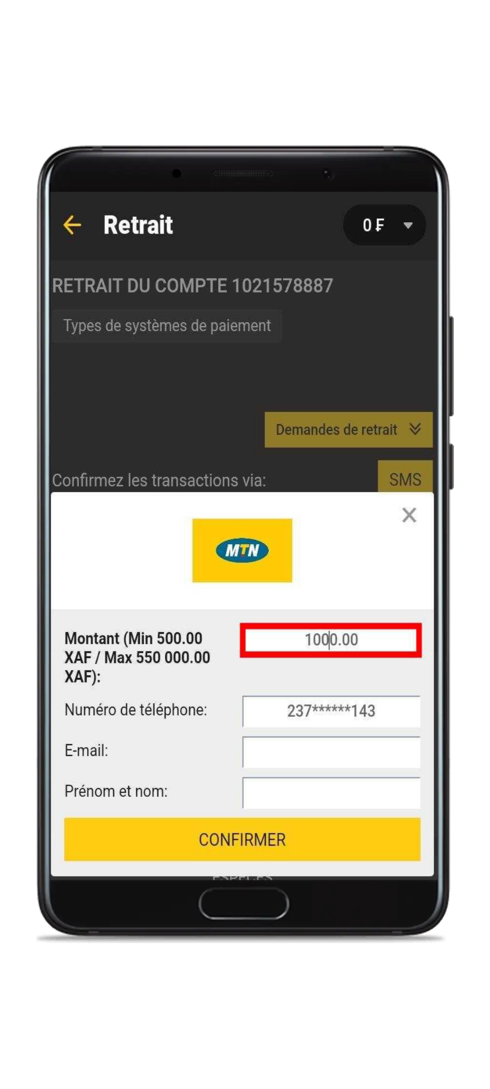 Remplir le formulaire de retrait puis cliquez sur le bouton "Confirmer" 