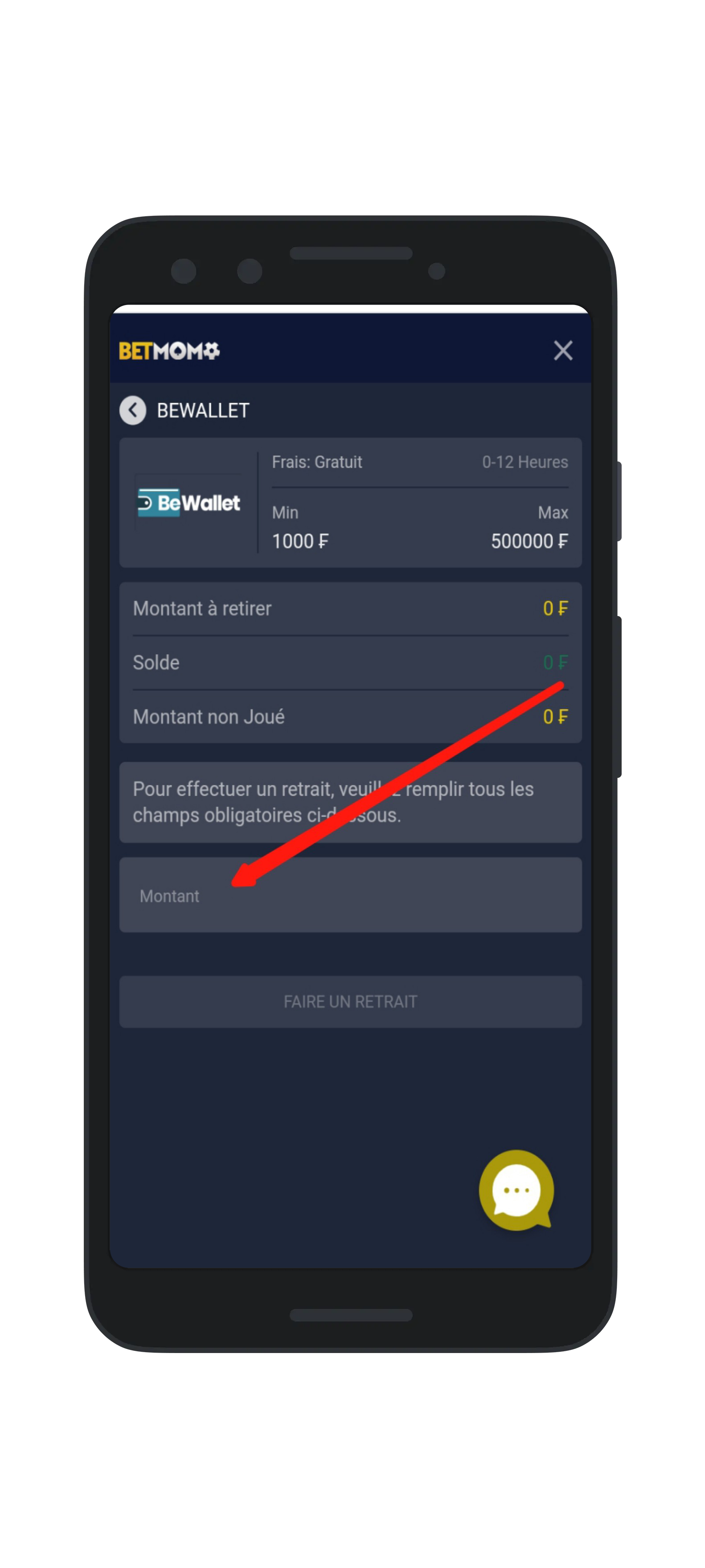 Saisir le montant à retirer et cliquez sur le bouton “Faire un retrait”