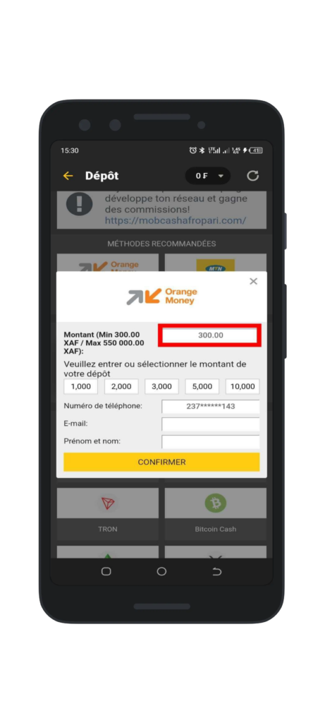 Renseigner le montant de dépot sur Afropari