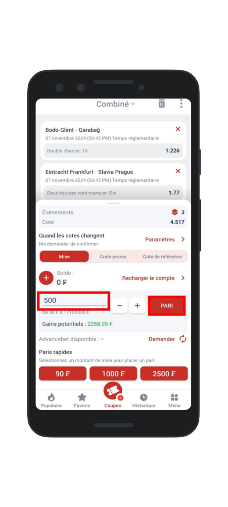 Renseigner le montant et cliquer sur "pari"