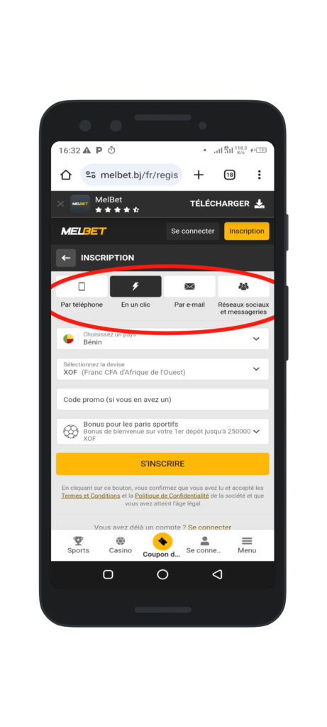 Choisir une méthode d'inscription sur Melbet Cameroun