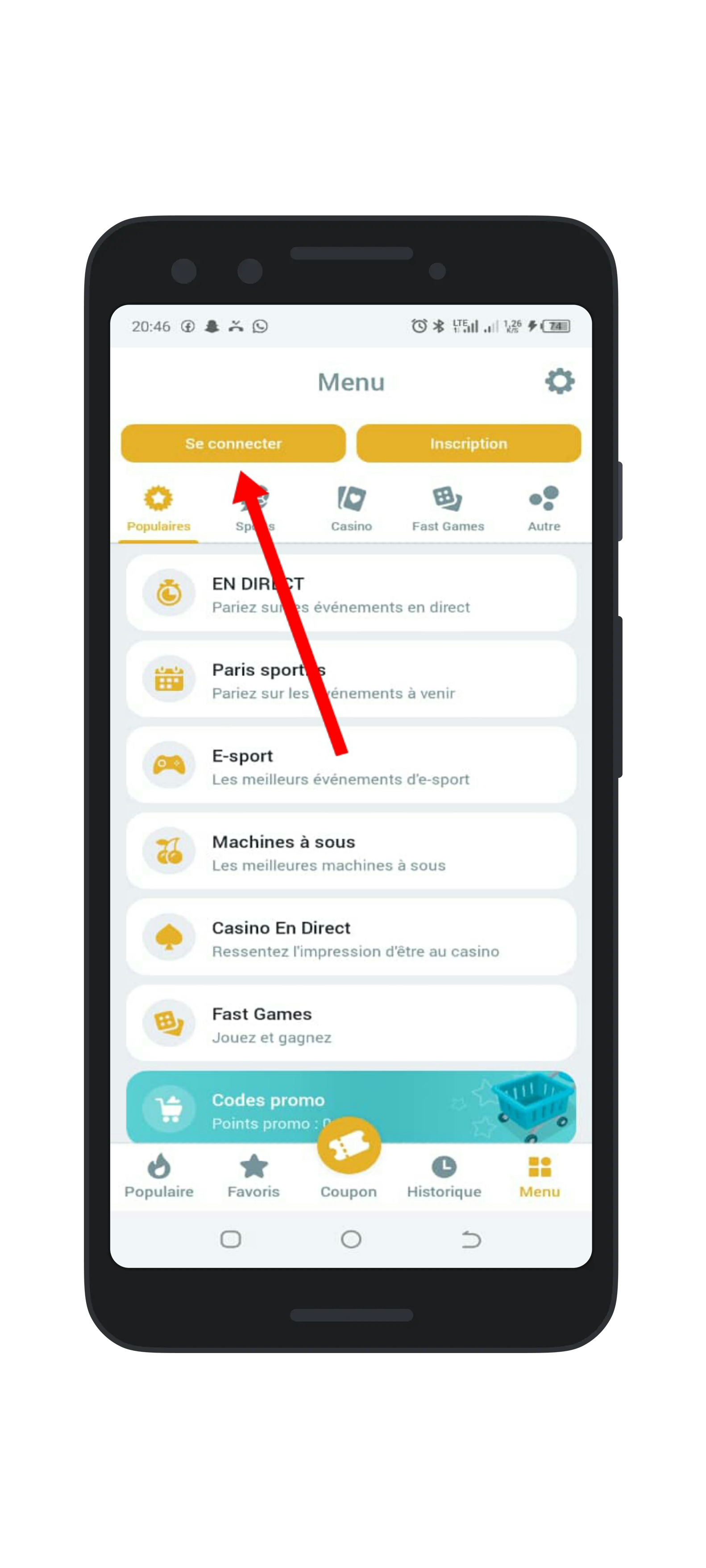 Ouvrez l'application Melbet, entrez vos informations de connexion puis cliquez sur "Se connecter"