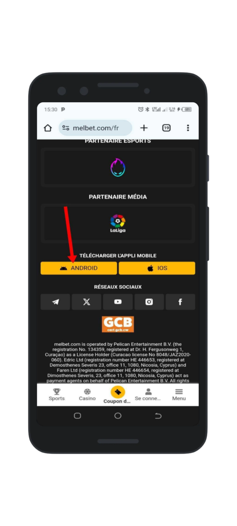 Sélectionnez l'option « Android » pour télécharger Melbet apk