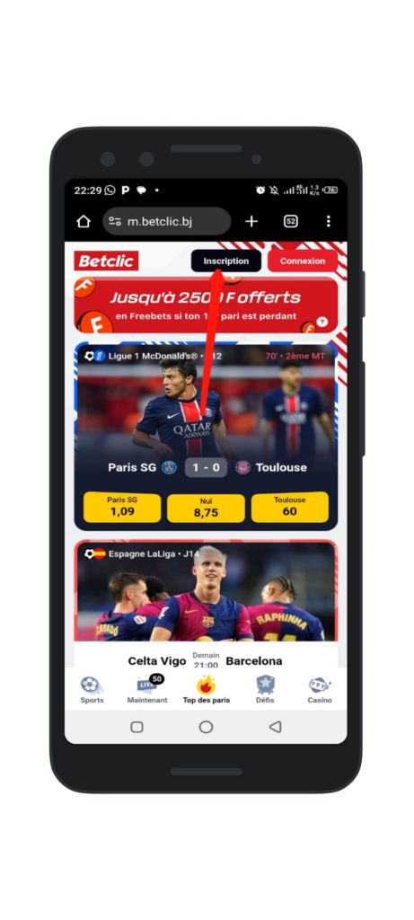 Accédez à Betclic puis cliquez sur "Inscription"