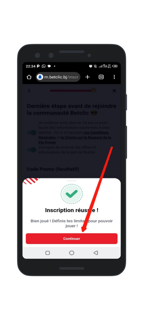 Appuyez sur "continuer" pour accéder à l'interface des paris.