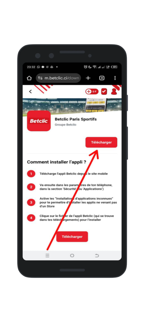 Accédez au site de betclic ci et cliquez sur "Télécharger"