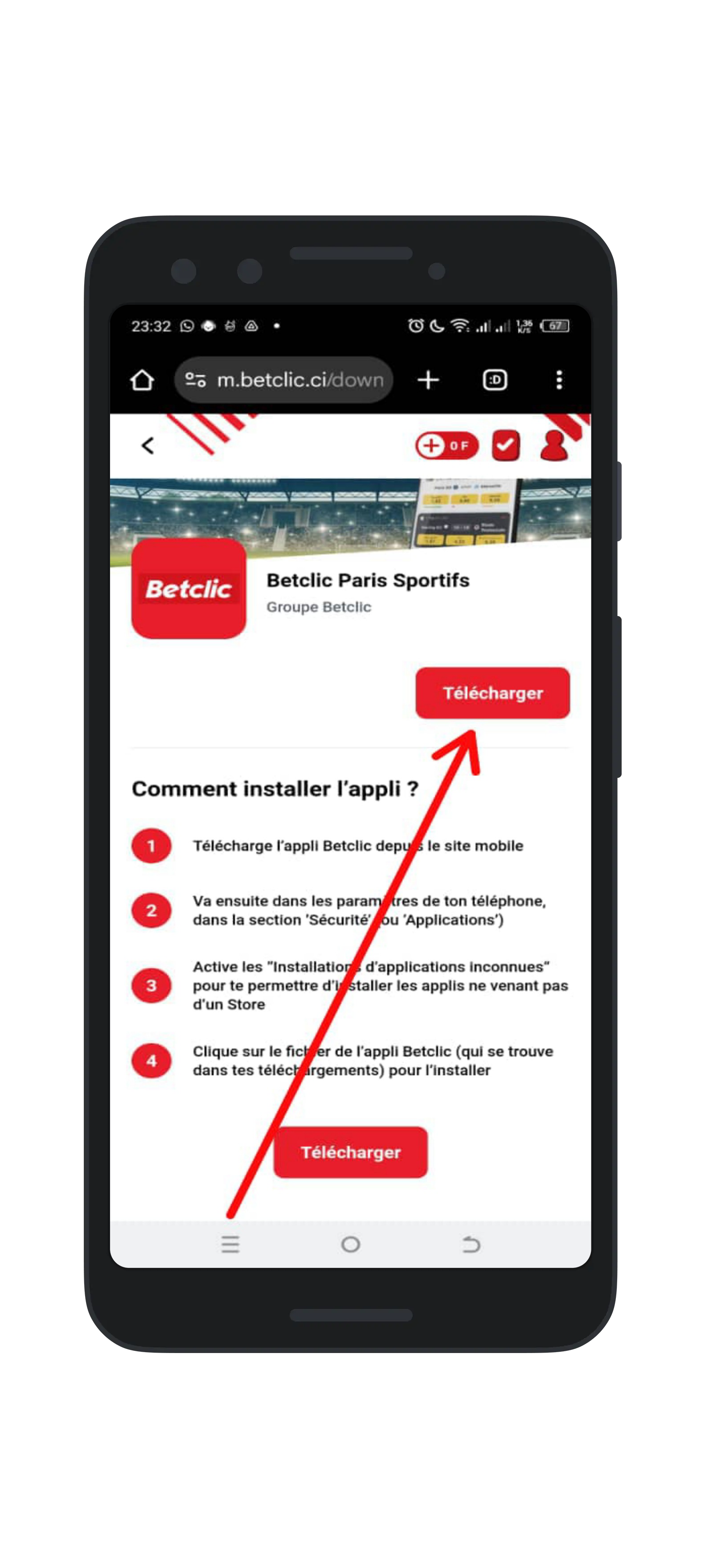 Accédez au site de betclic ci et cliquez sur "Télécharger"