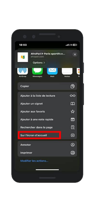 Cliquez sur “Ajouter à l'écran d'accueil”