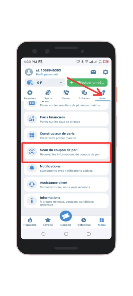 Sélectionnez l'option "scan du coupon de pari"