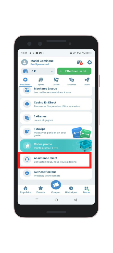 cliquez sur le bouton « Assistance client »