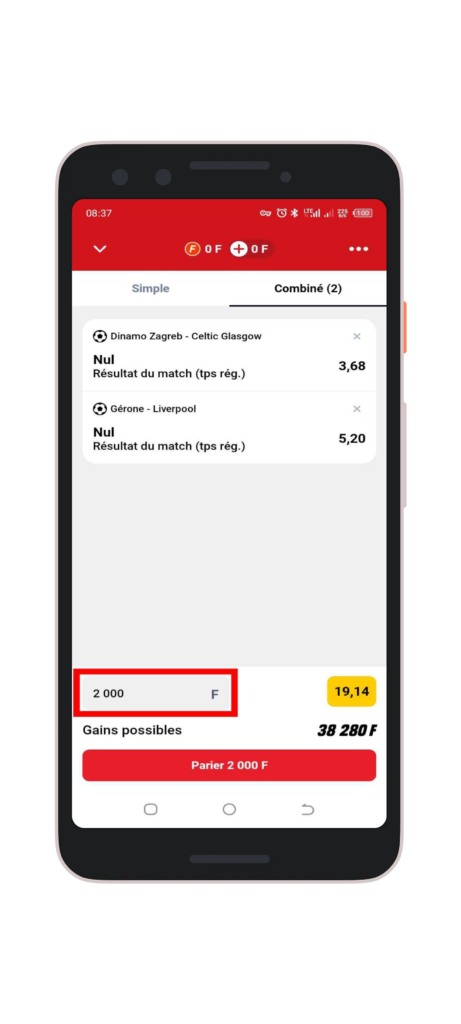 Renseignez le montant à parié et Cliquez sur « Parier (avec le montant) »