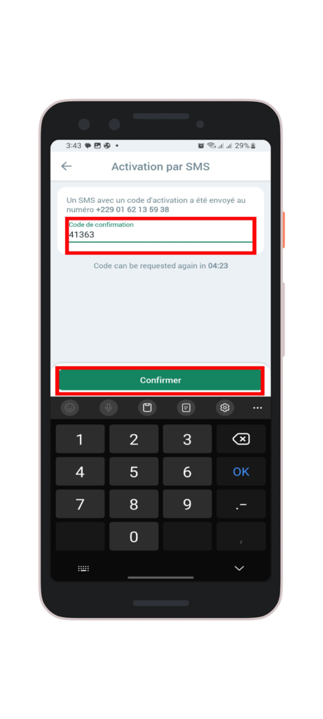 Renseigner le code et cliquez sur "confirmer"