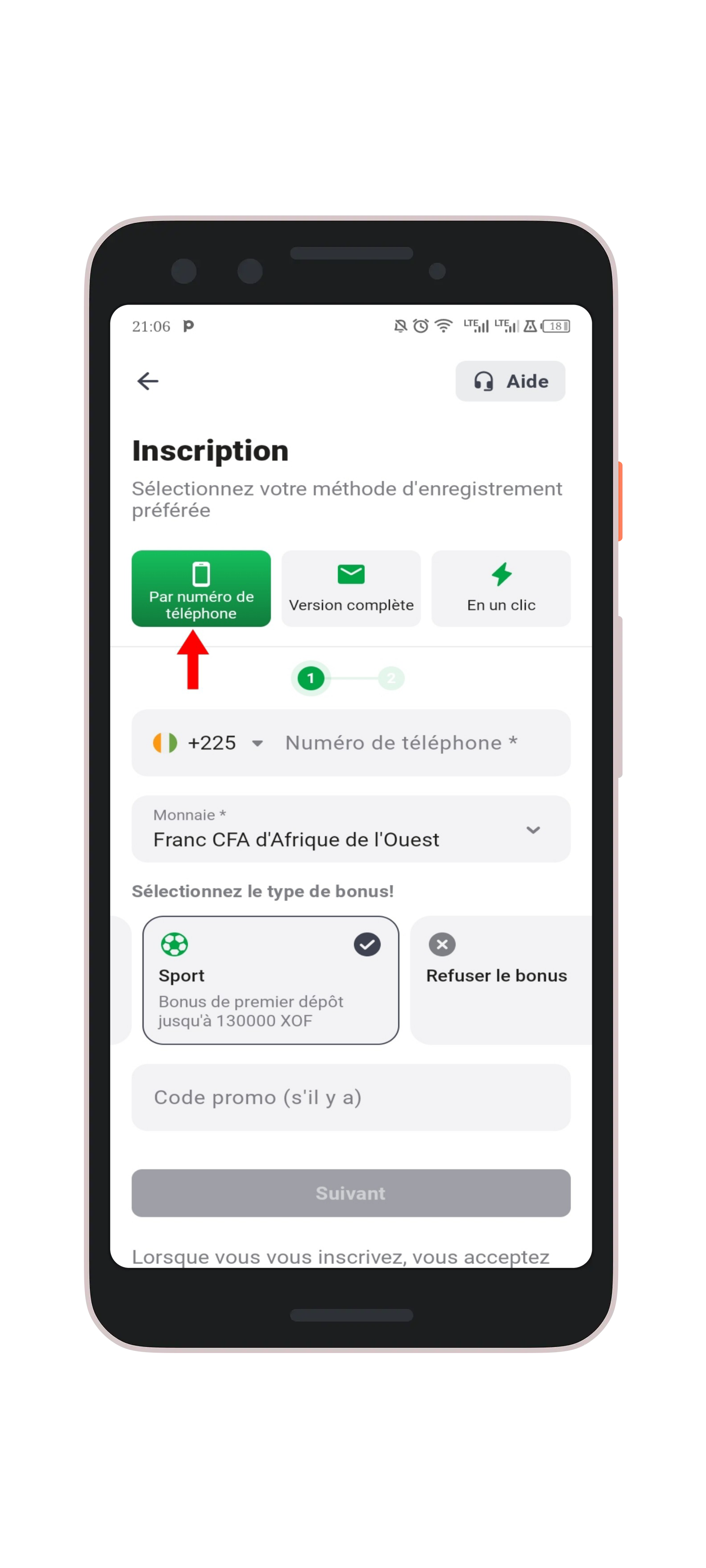 Sélectionnez la méthode d’inscription "Par téléphone"
