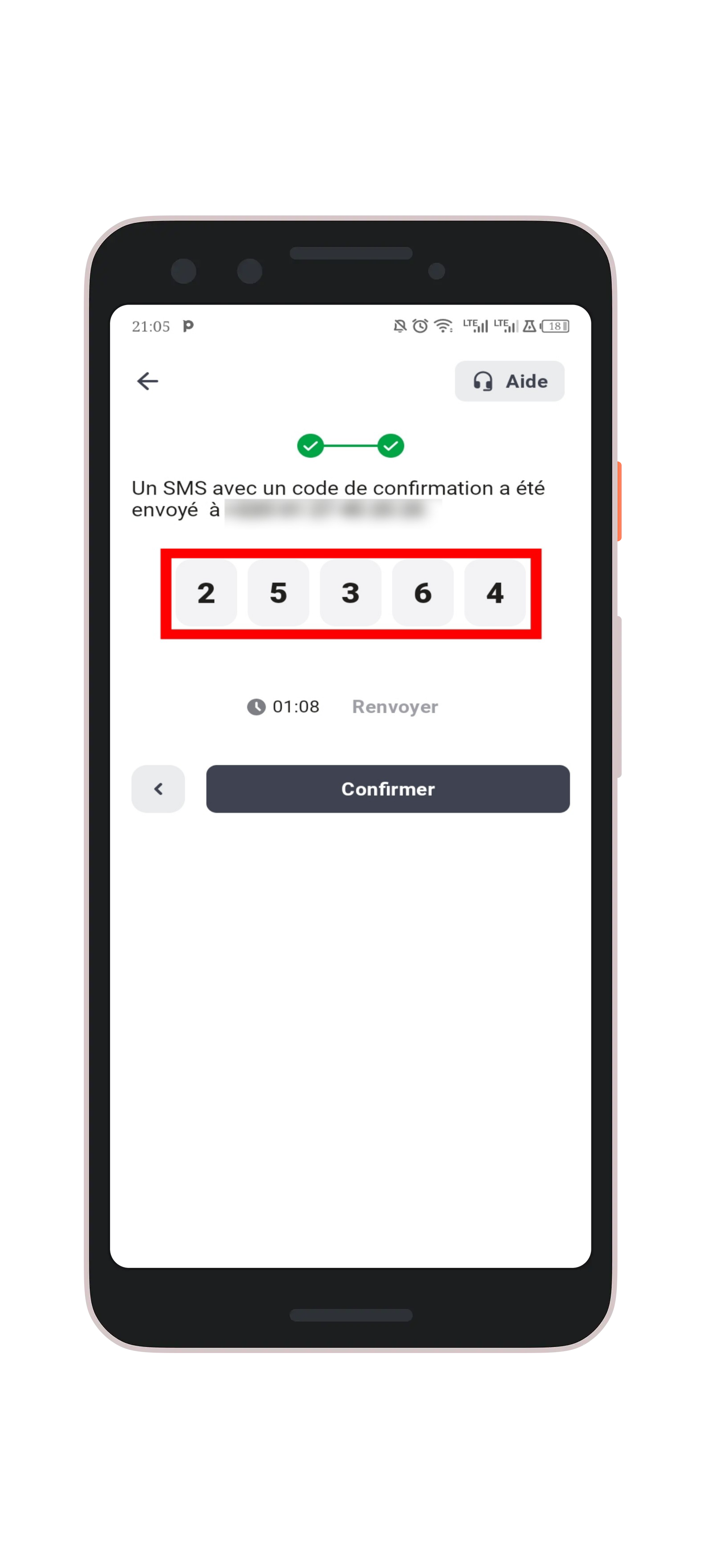 Remplir le code de validation et confirmer