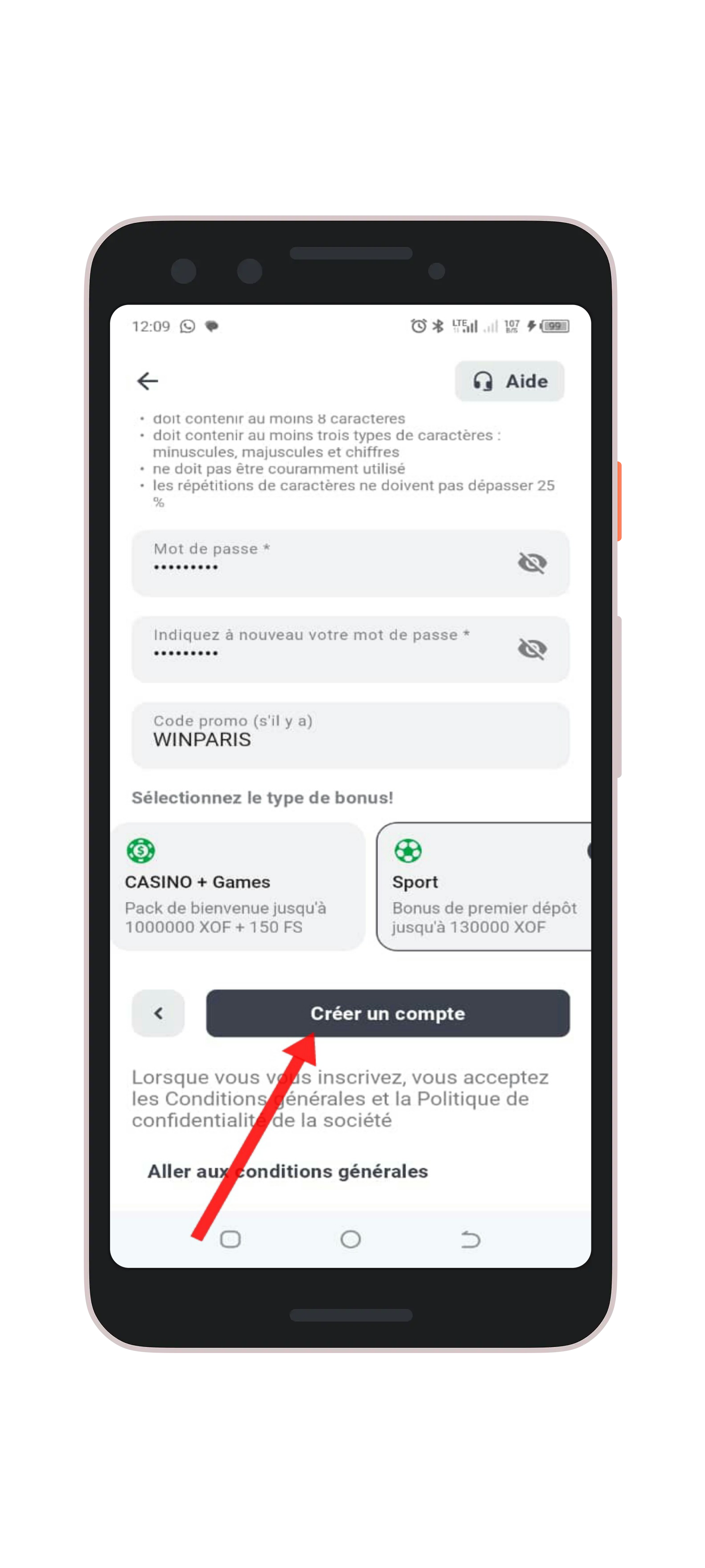 Cliquez sur "Créer un compte" pour finaliser l’inscription.