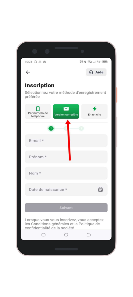 Choisir "Version complète" comme méthode d'inscription