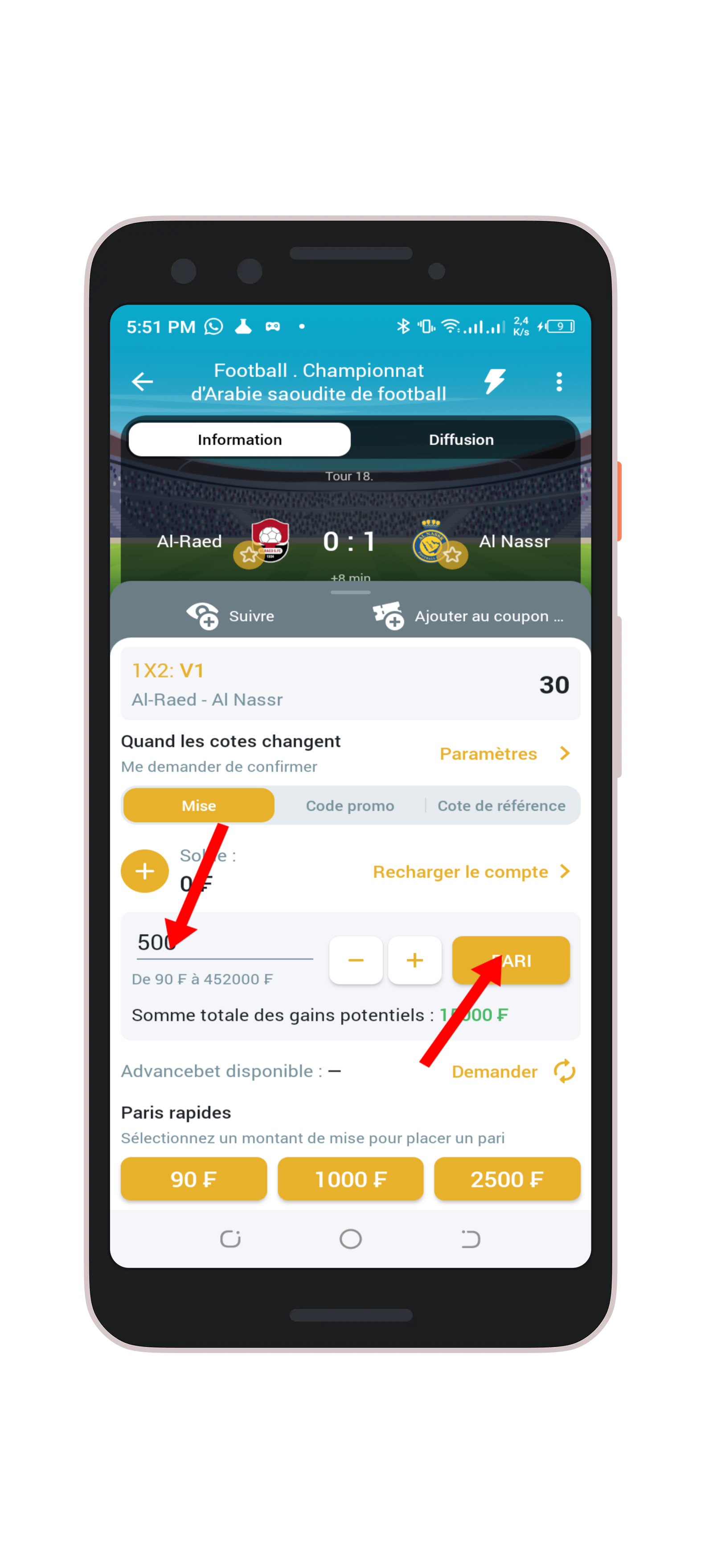 Indiquer le montant et cliquez sur Pari 
