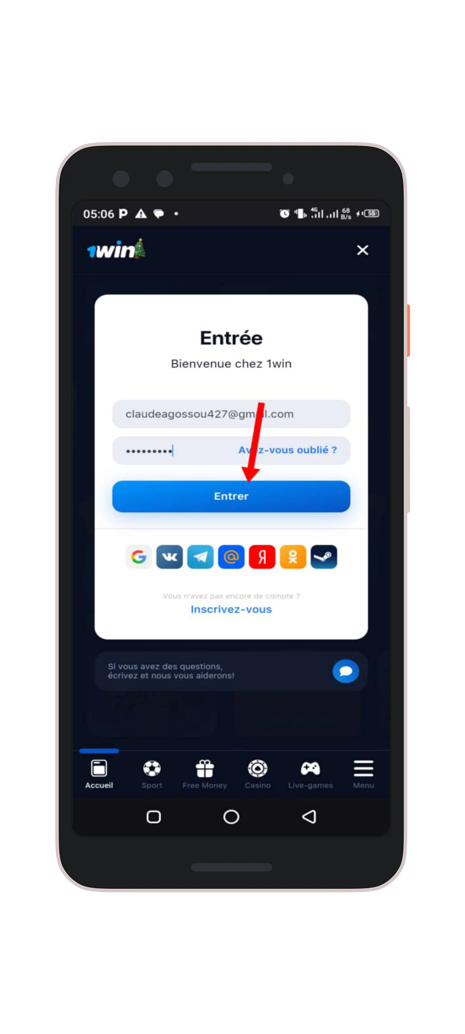 Cliquez sur "entrer" pour vous connecter à votre compte