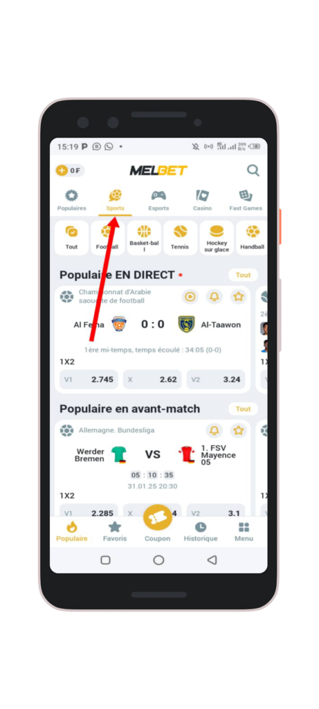 Accédez à la section "Sports"