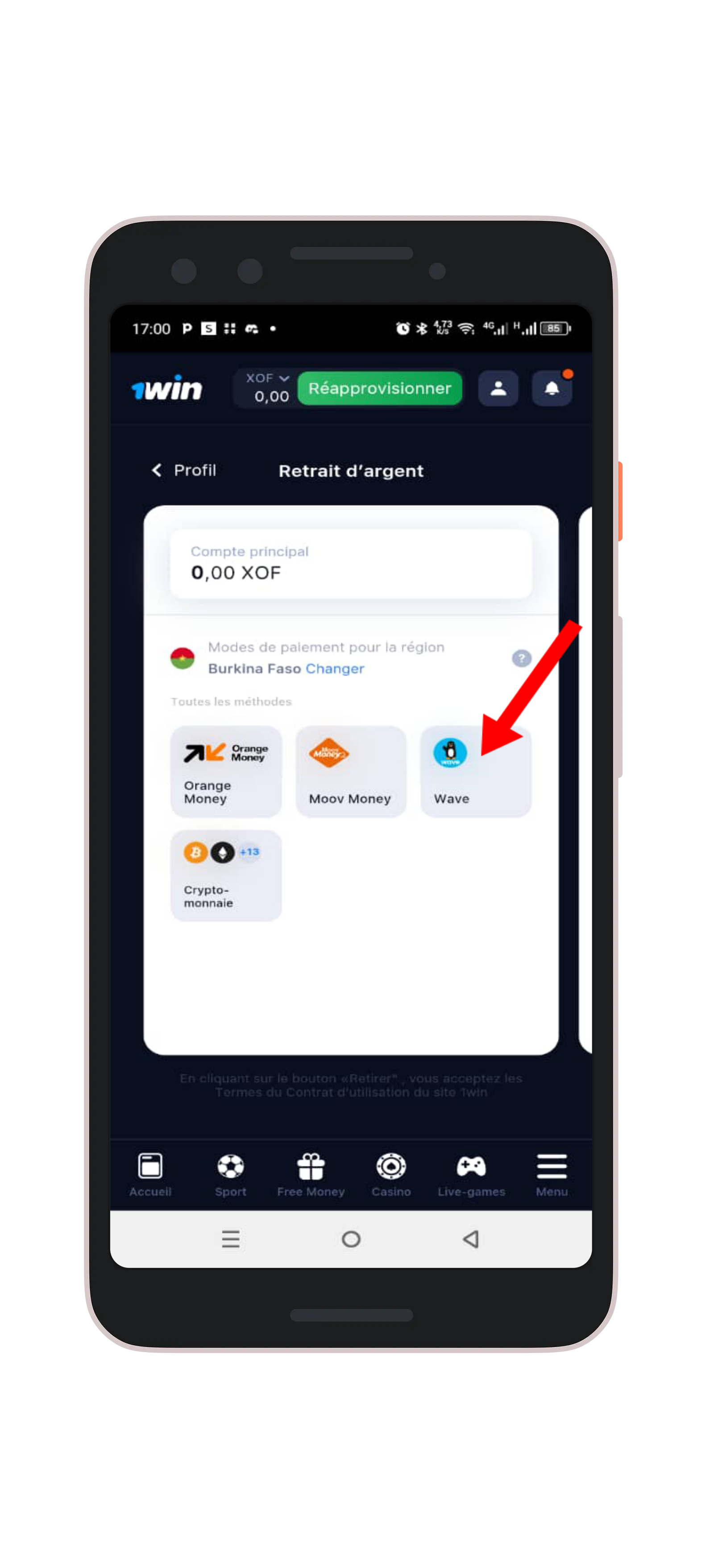Choisir Wave comme méthode de retrait