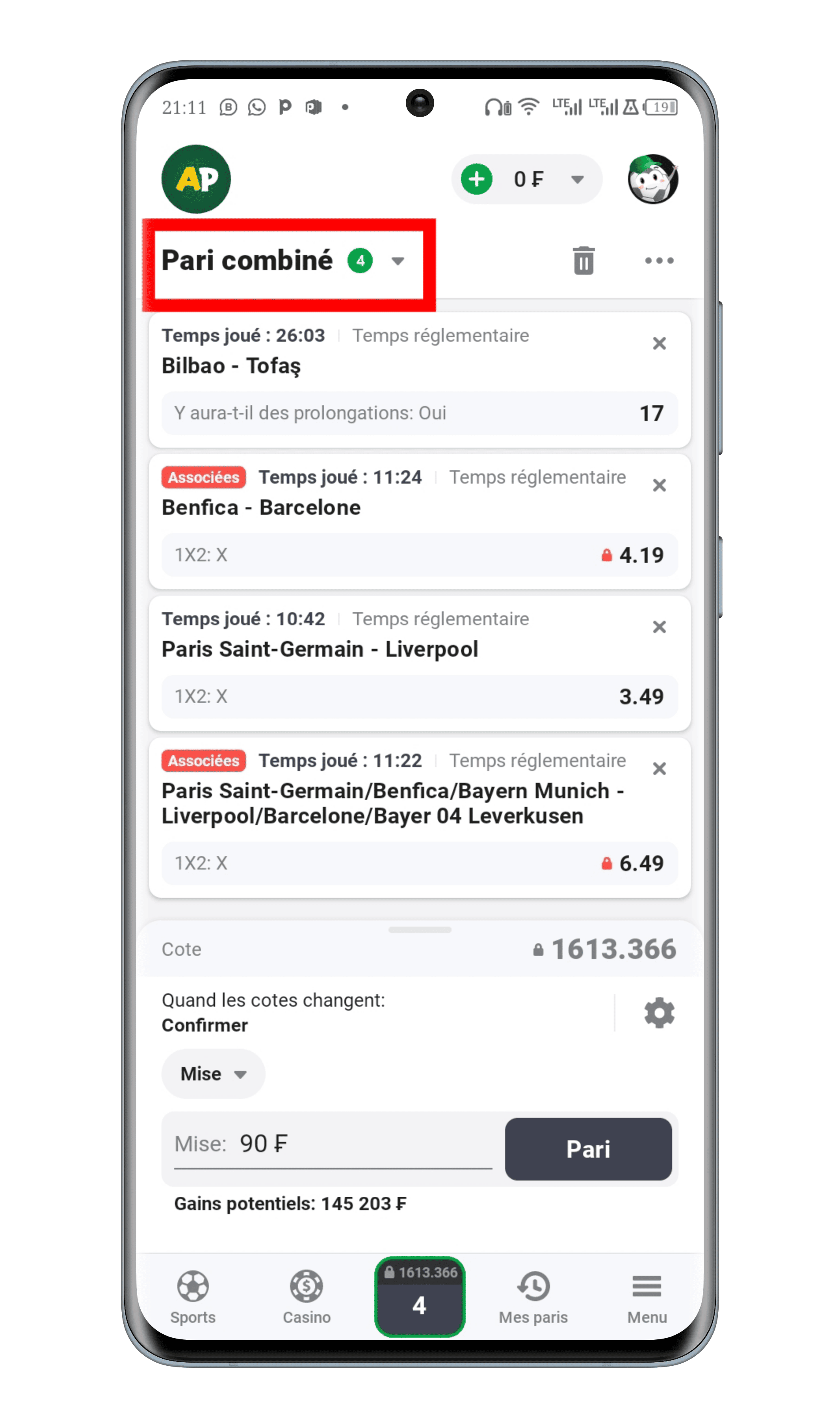 Cliquez sur le bouton « Pari combiné » 
