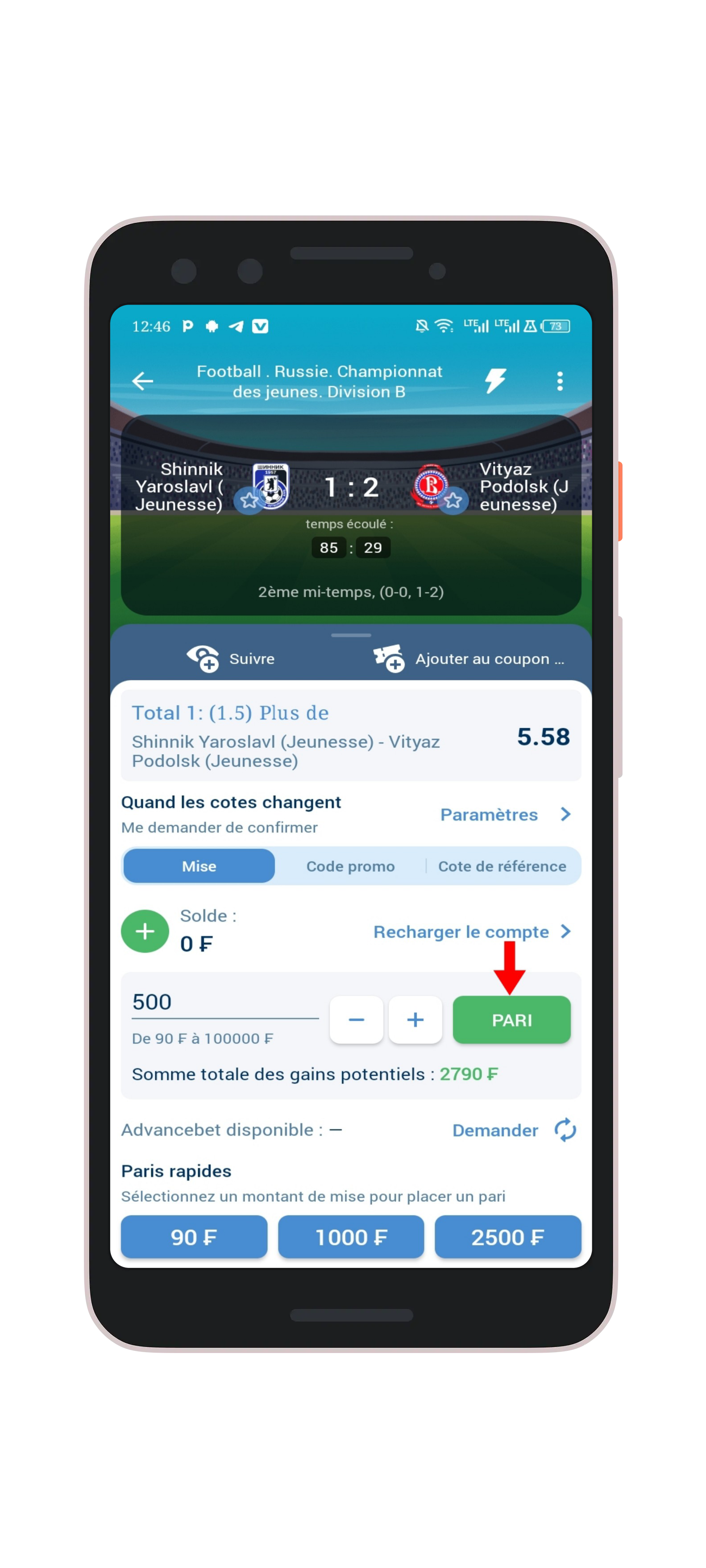Cliquez sur le bouton « Pari »