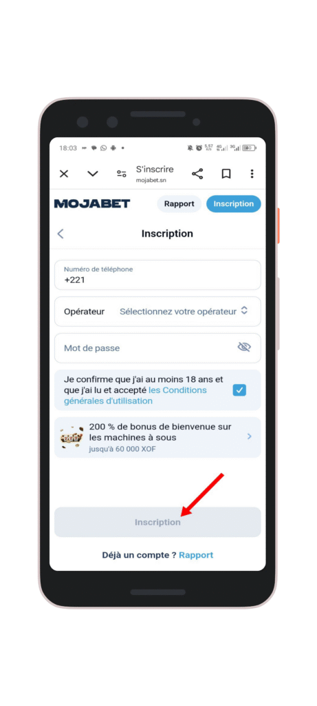 Cliquez sur le bouton “Inscription”