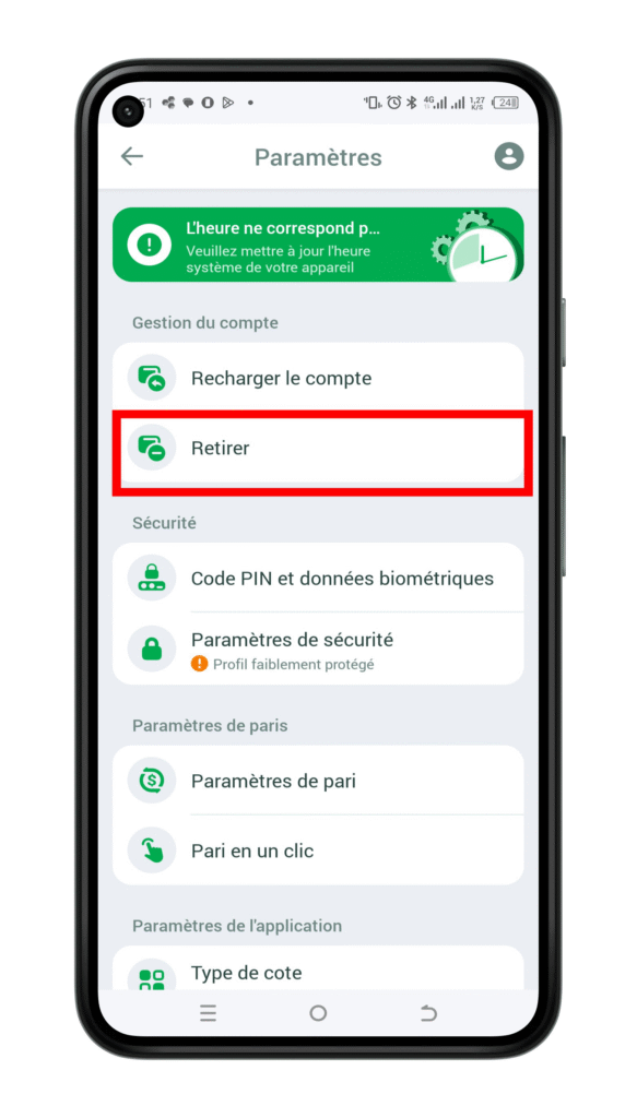 cliquez sur le retrait