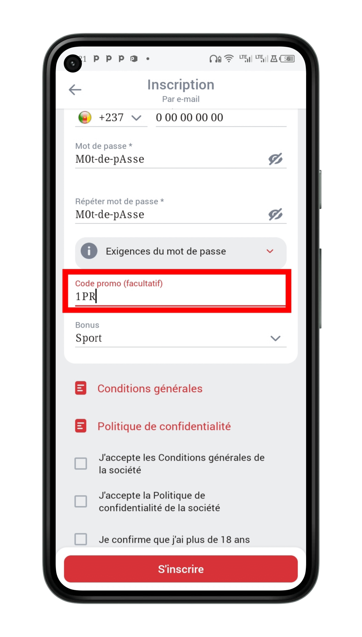 Entrez le code promo "1PR"