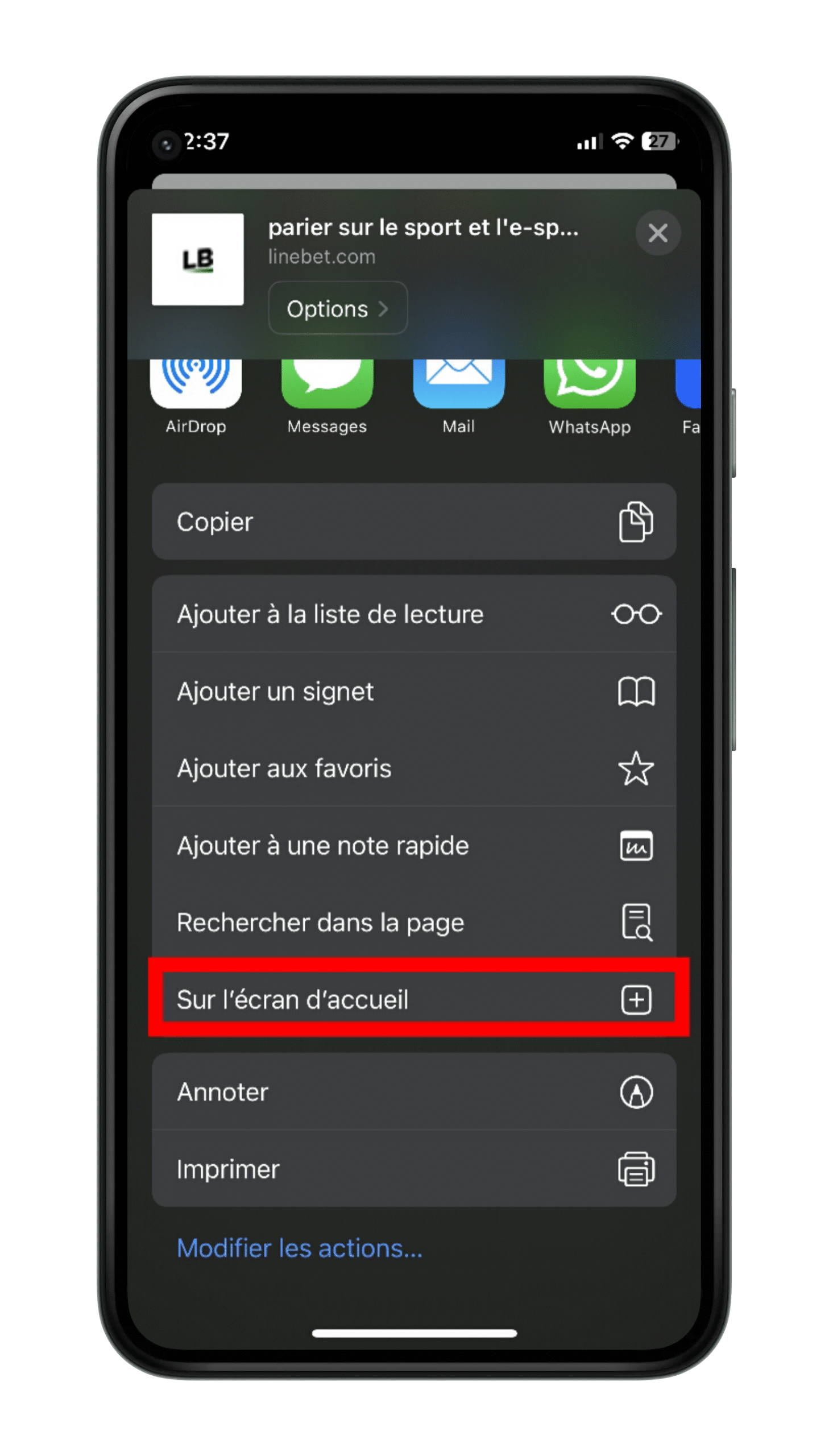 Créer un raccourci Linebet