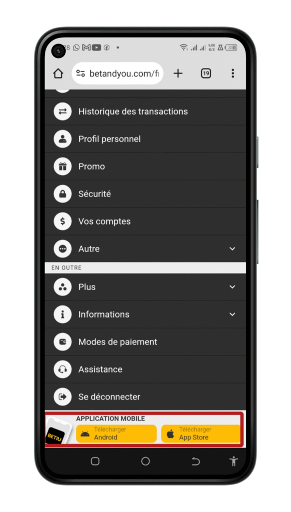 Cliquez sur Betandyou APK pour choisir