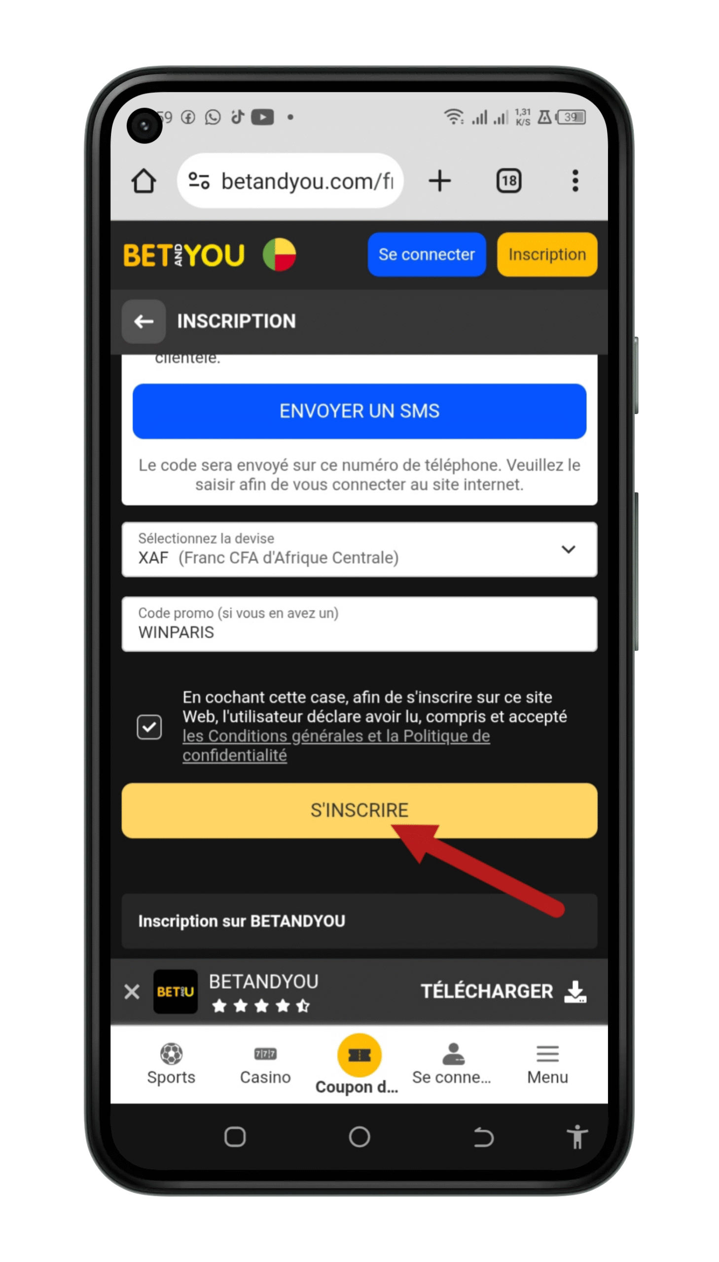 Confirmer l'inscription sur Betandyou