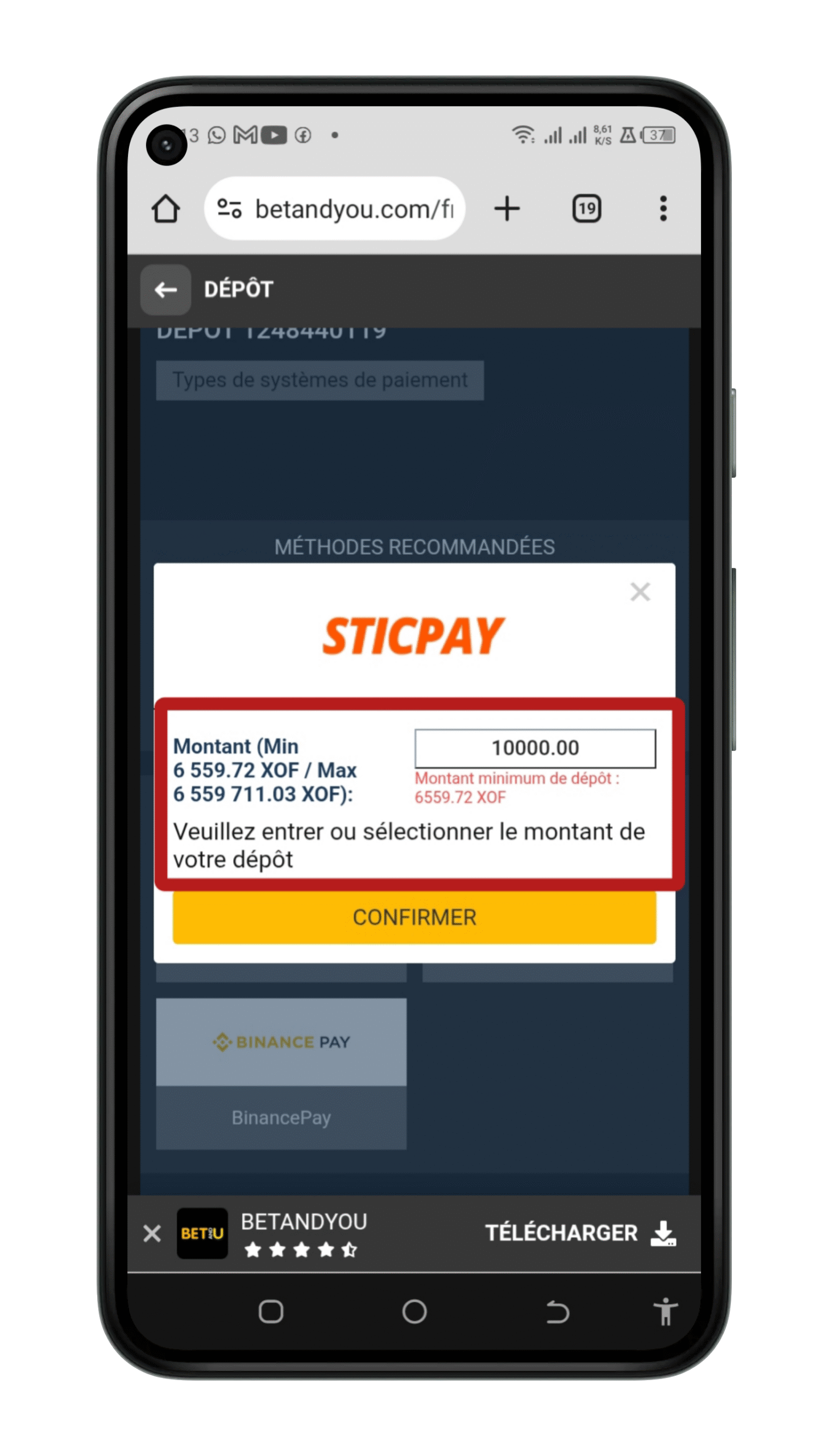 Saissisez le montant à déposer