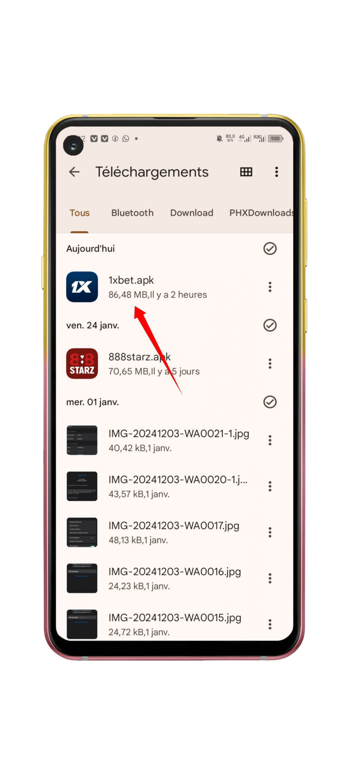 Cliquez sur le fichier Apk de 1xbet