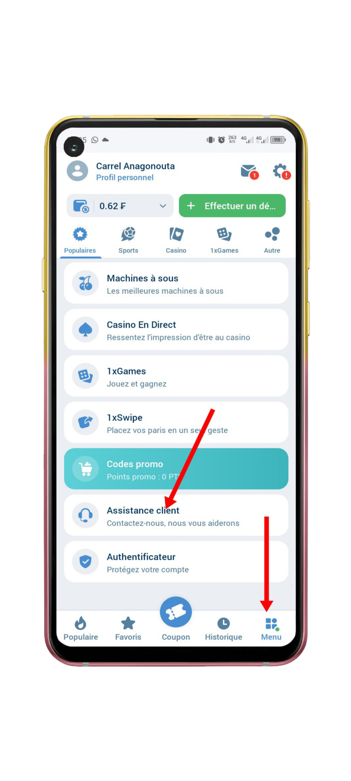 Accédez à la session d’ “assistance client”