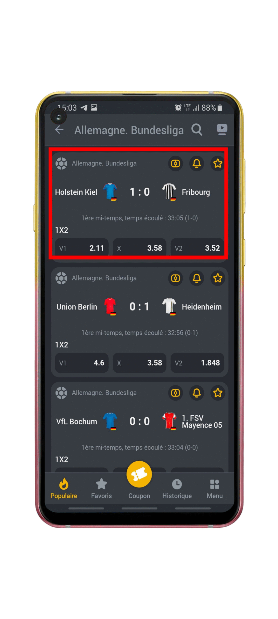 Cliquez sur la compétition et le match