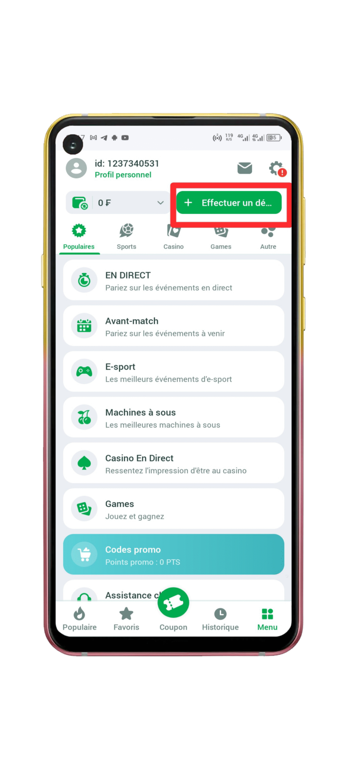 Cliquez sur "Effectuer un dépôt"