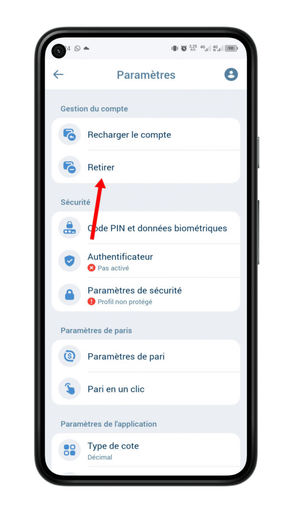 Cliquez sur Retrait