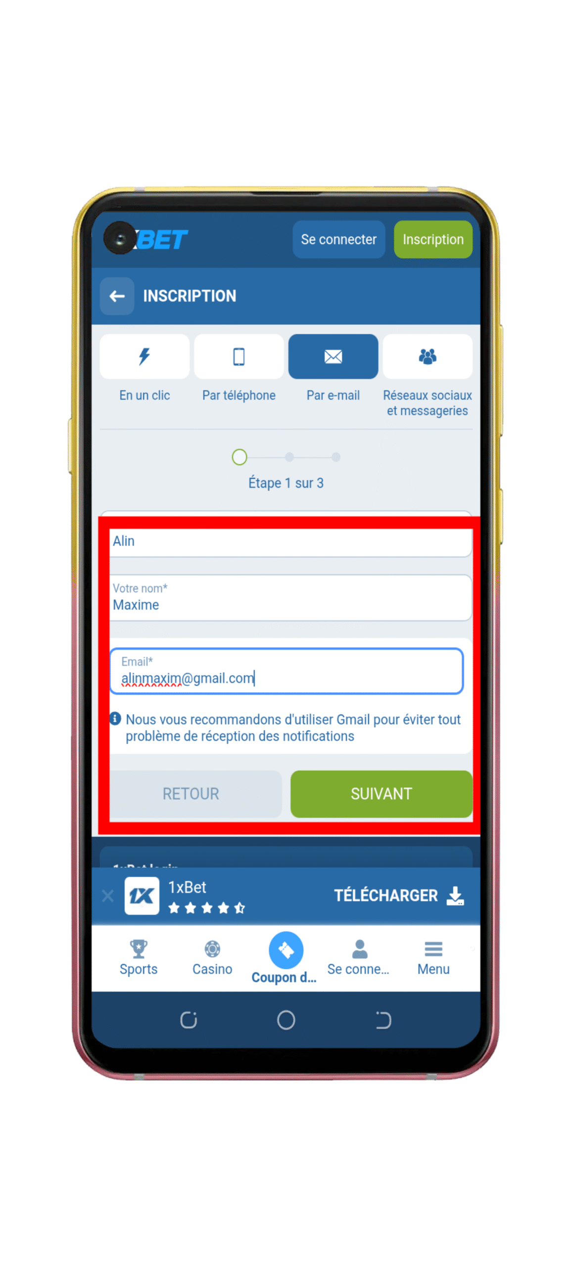 Remplir le formulaire d’inscription et Valider