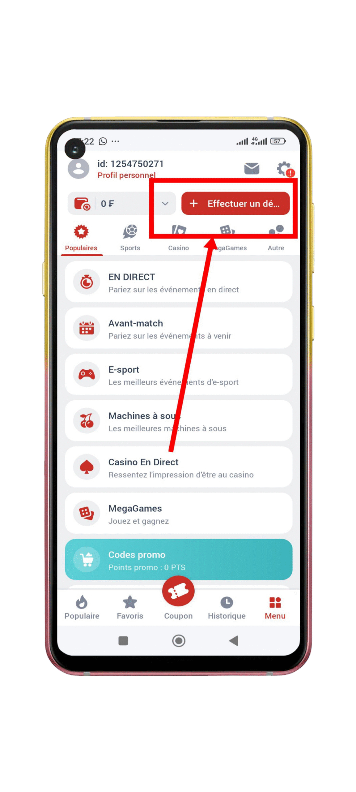 Cliquez sur le bouton “Effectuez un dépôt”