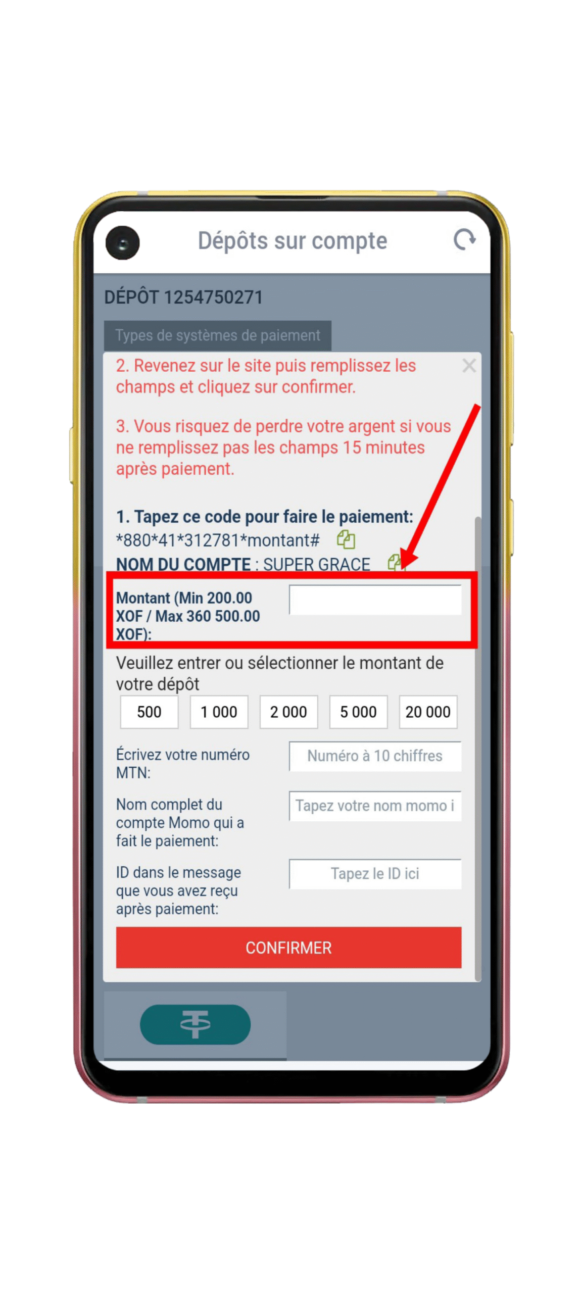 Saisissez le montant et Validez