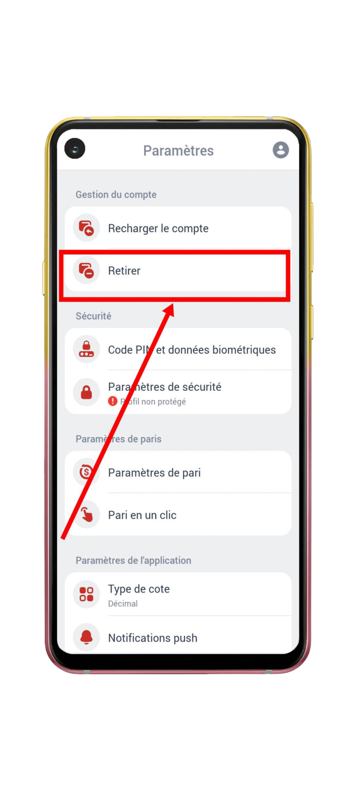 Cliquez sur la section “Retirer”