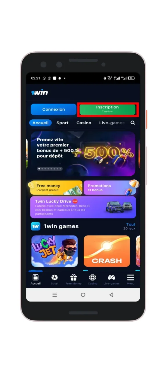 Créer un compte sur 1win