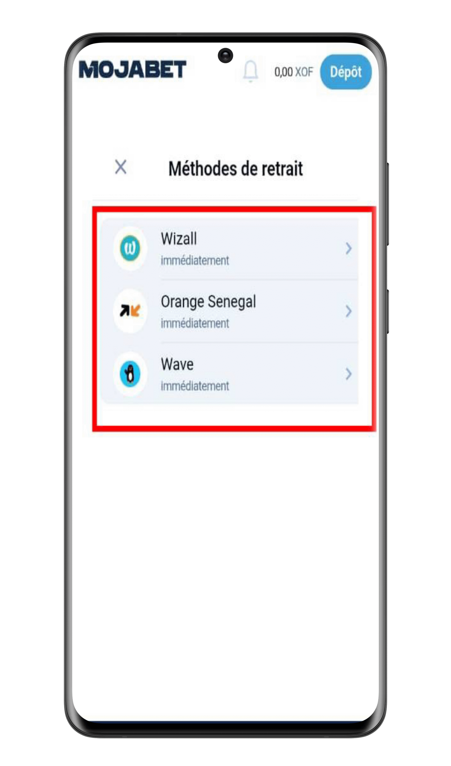Sélectionnez la méthode de retrait