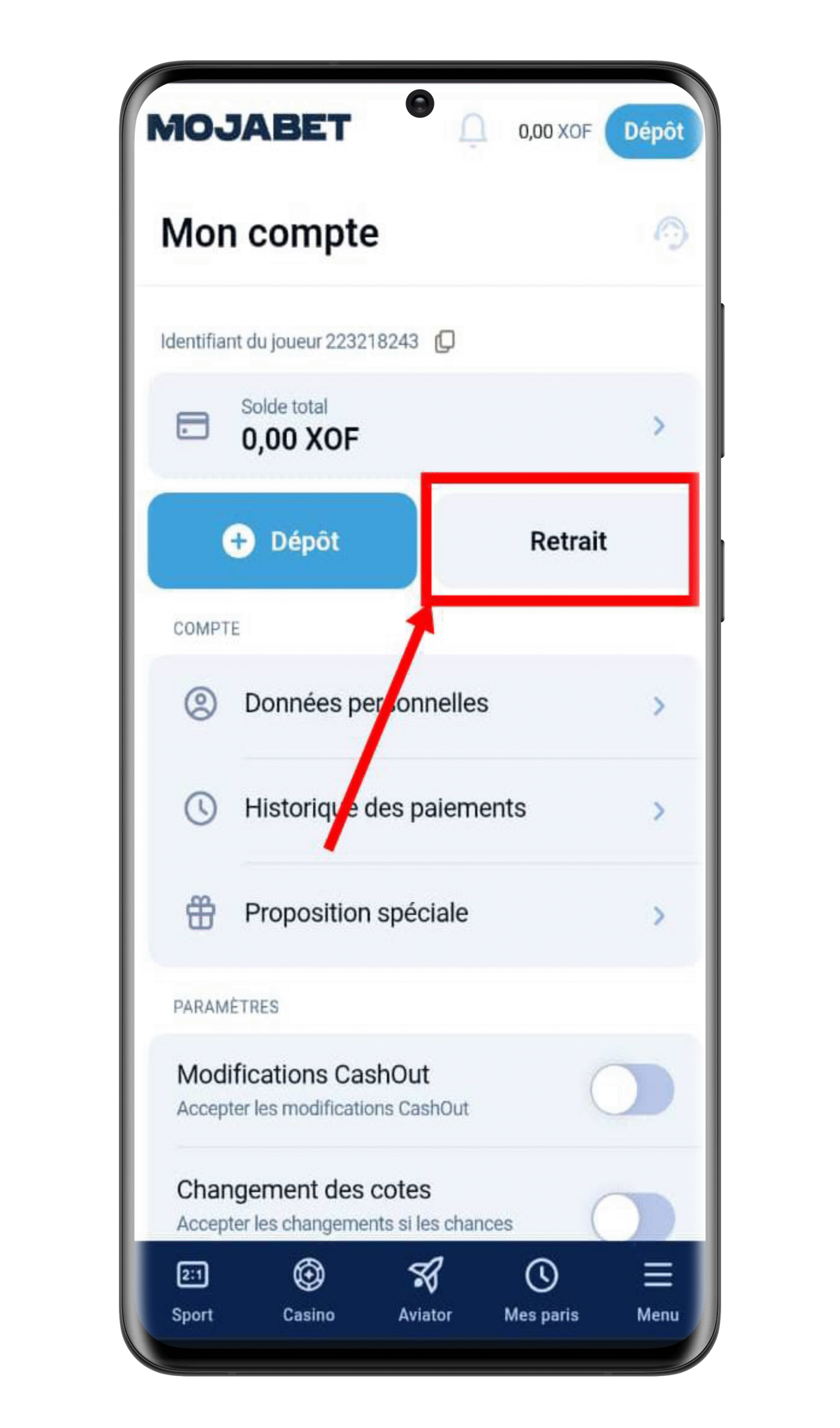 Cliquez sur le bouton de retrait