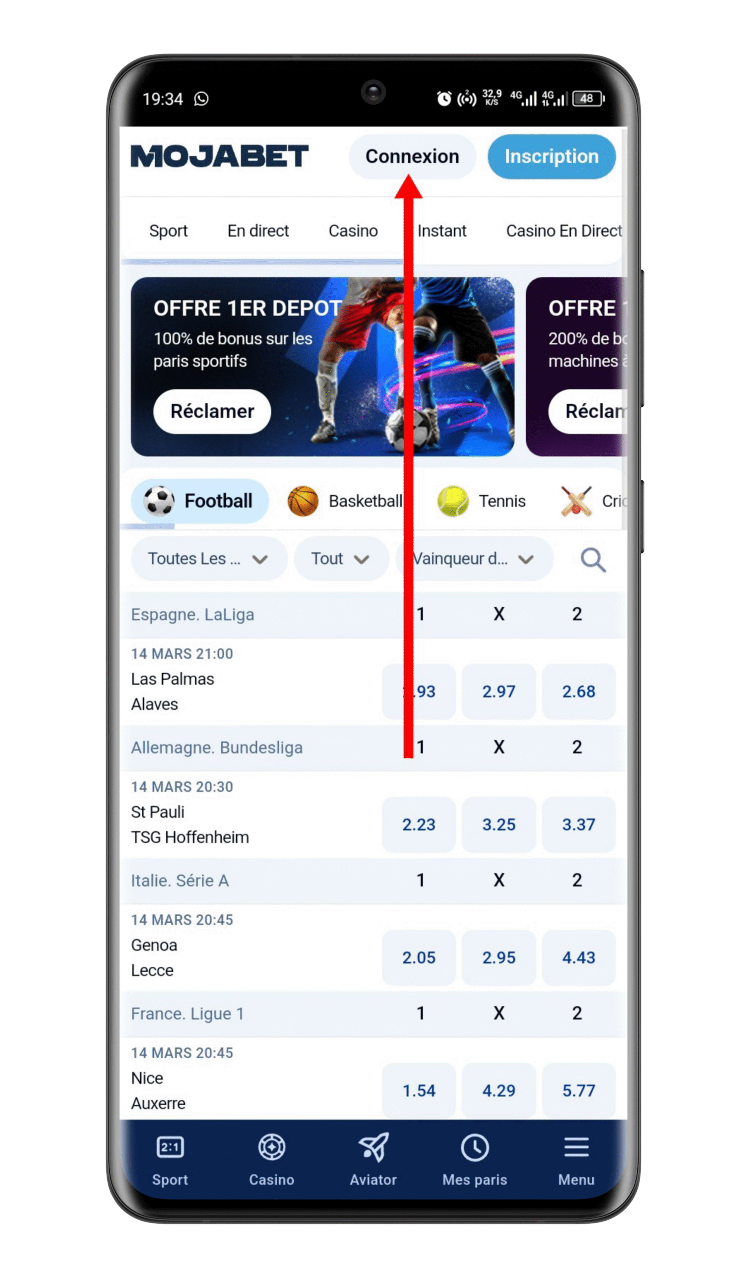 Ouvrir Mojabet APK ou rendez-vous sur le site Mojabet