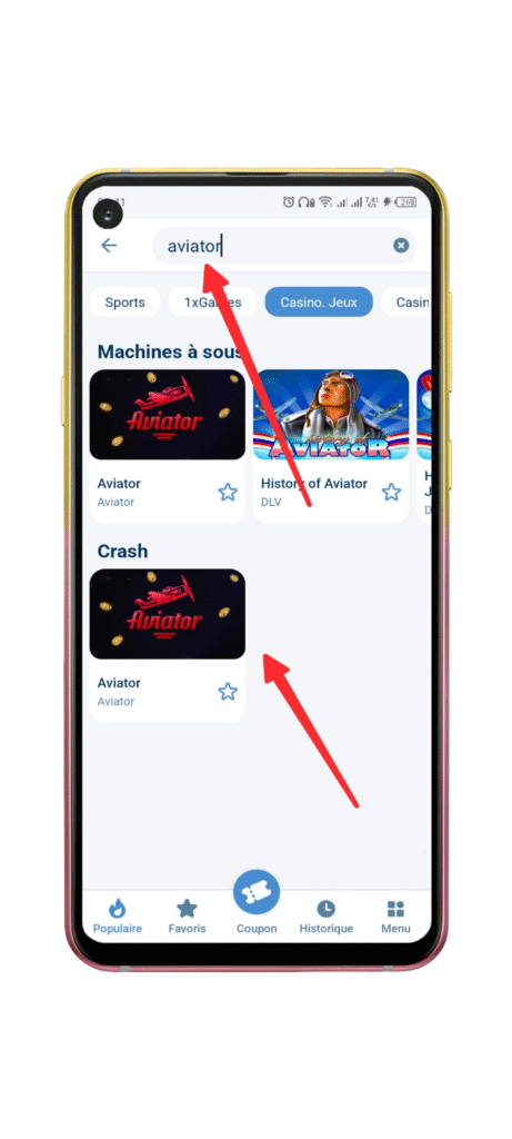 Recherchez et sélectionnez le jeu Aviator.